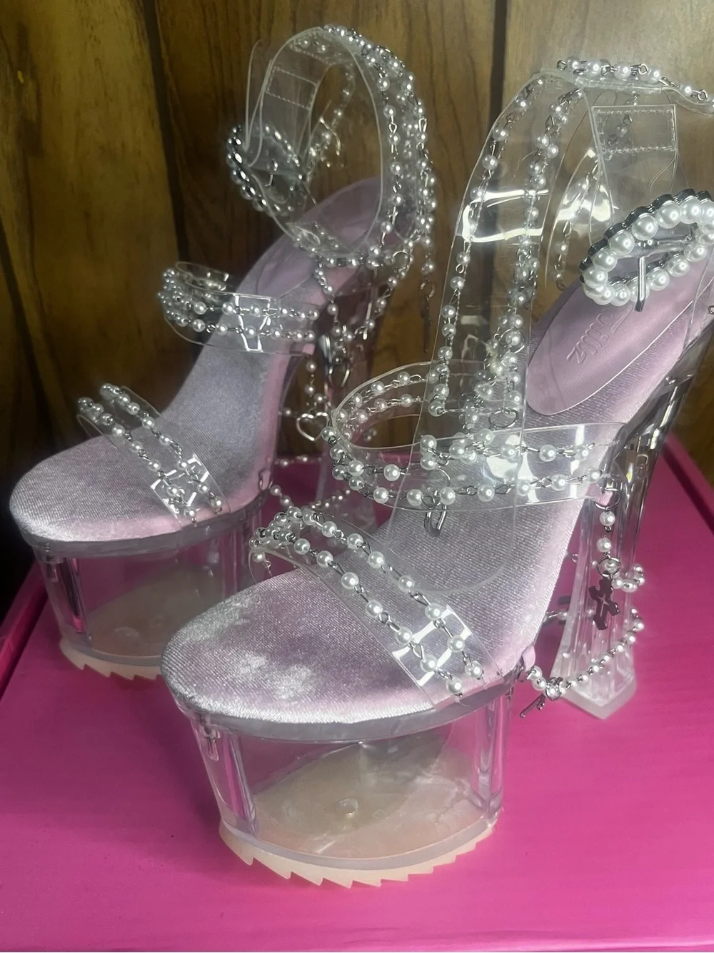 Clear Pearl-Embellished Platform Heels in Light Pink - Picture 5 of 6